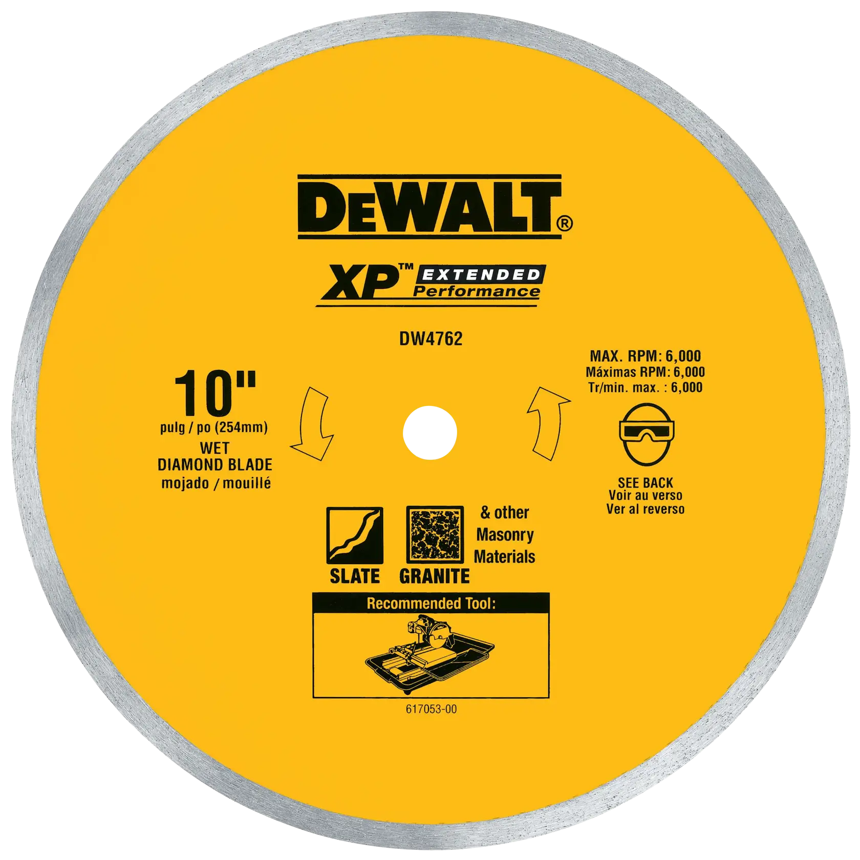 DeWalt DW4762 10" Wet-Cut Continuous-Rim Diamond Blade for Porcelain and Tile, 5/8" Arbor - image 1