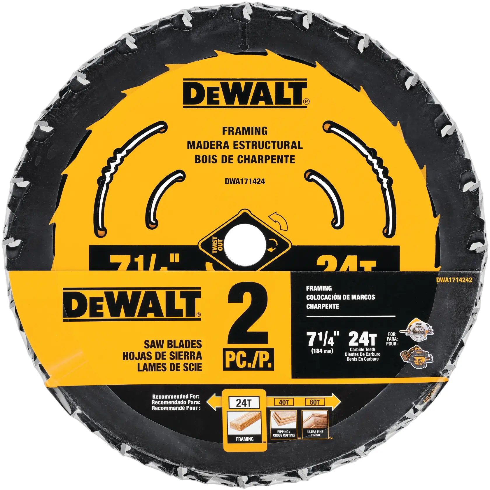 DeWalt DWA1714242 7-1/4" 24T Circular Saw Blade, 2-Pack - image 1