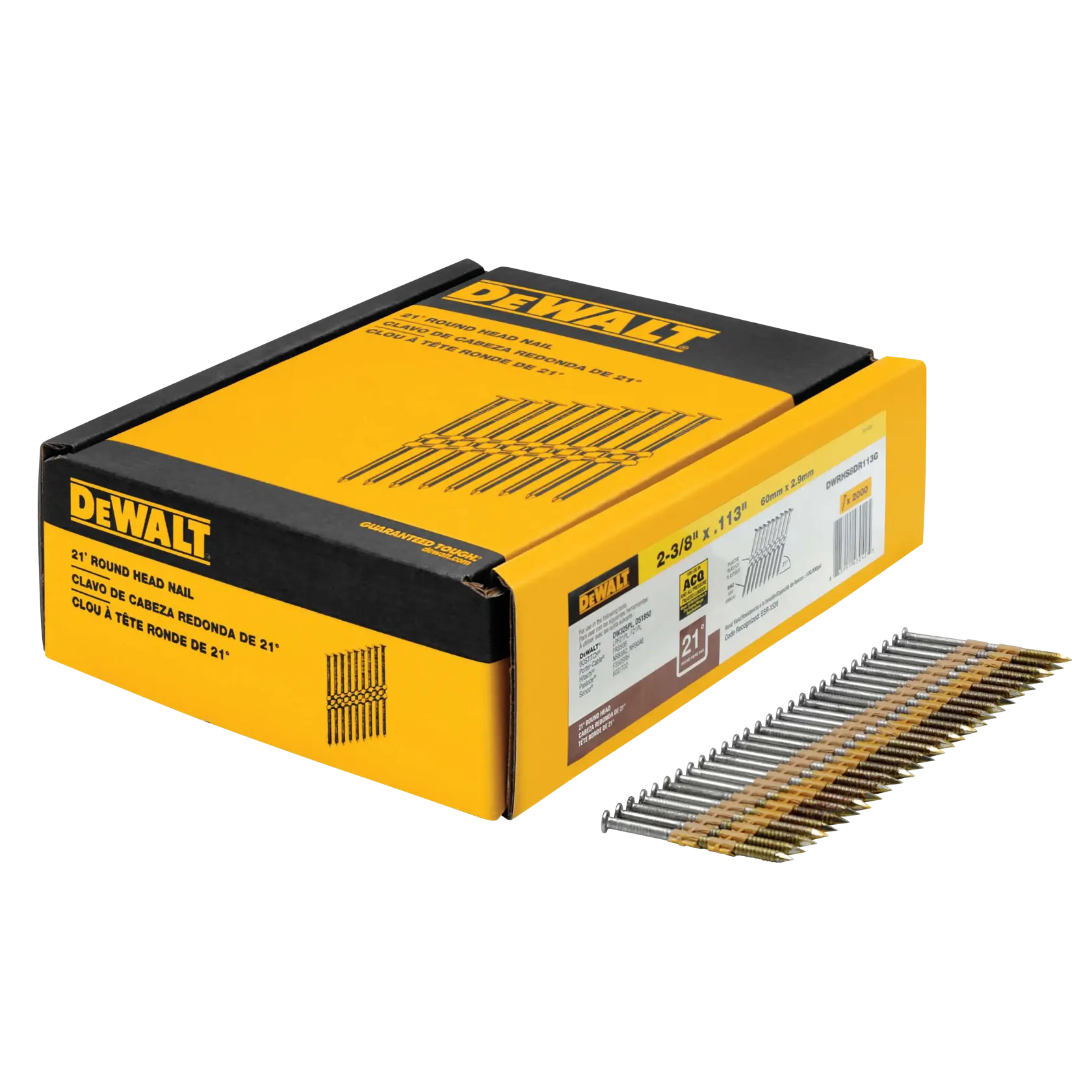 DeWalt DWRHS8DR113G 2-3/8" x .113" Ring Galvanized 21° Plastic-Collated Framing Nails, 2,000-Pack - image 1