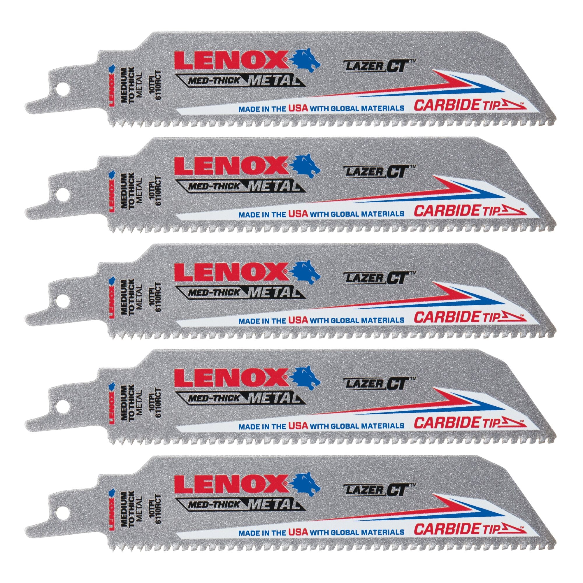 Lenox LXAR6110CT 6" x 1" x .050" 10 TPI Carbide Tipped Reciprocating Saw Blades, 5-Pack - image 1