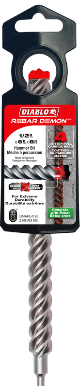 Diablo DMAPL4185 1/2" x 6" x 8" Rebar Demon™ SDS-Plus 4-Cutter Full Carbide Head Hammer Drill Bit