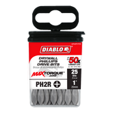 Diablo DPH2R1P25 1" #2 Reduced Phillips Drive Bits for Drywall (25-Pack)