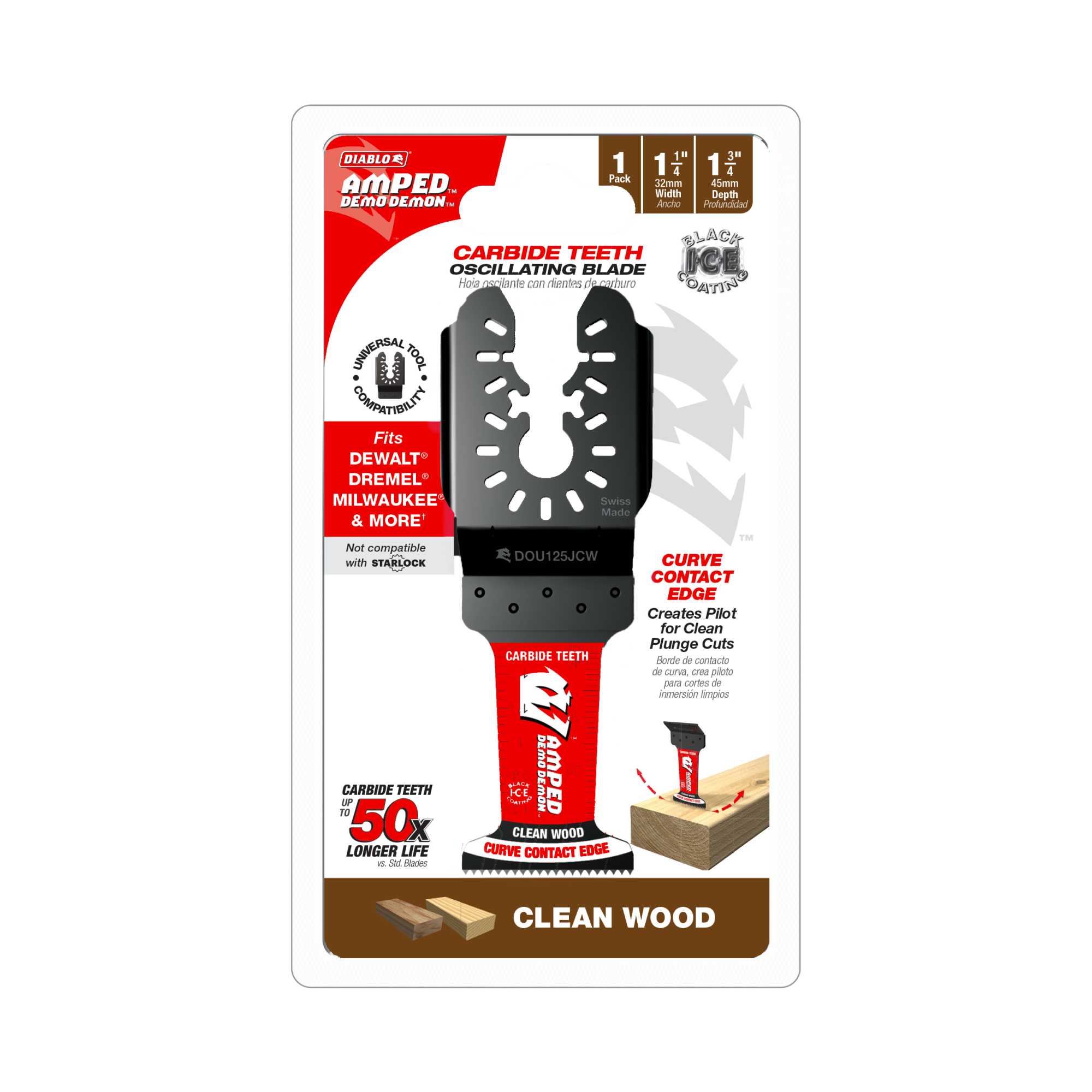 Diablo DOU125JCW 1-1/4”(w) x 1-3/4”(d) AMPED™ Demo Demon™ Universal Fit Carbide Teeth Oscillating Blade for Clean Wood