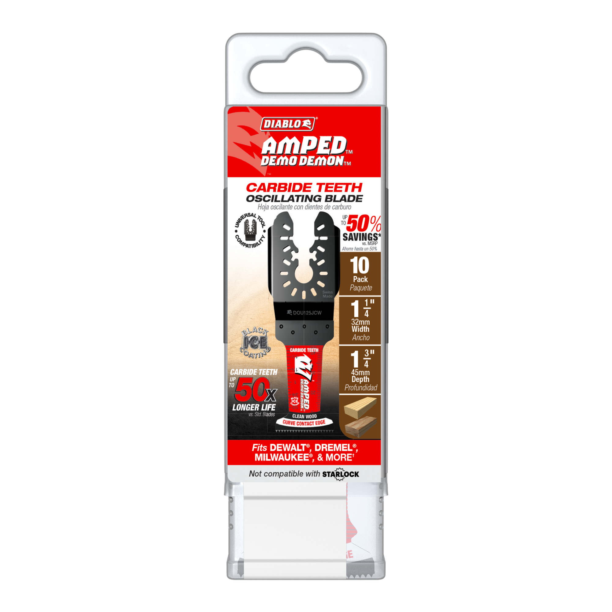 Diablo DOU125JCW10 1-1/4”(w) x 1-3/4”(d) AMPED™ Demo Demon™ Universal Fit Carbide Teeth Oscillating Blade for Clean Wood (10-pk)