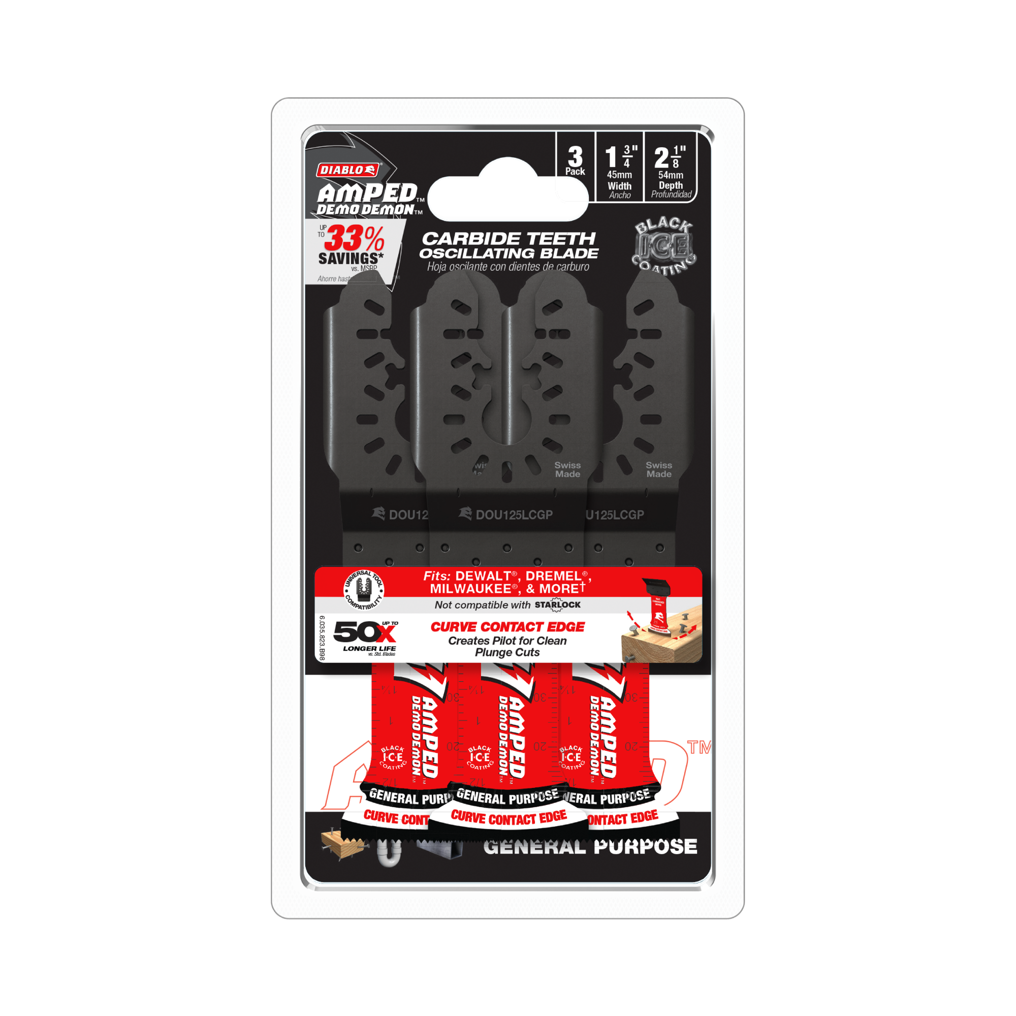Diablo DOU125LCGP3 1-1/4"(w) x 2-1/8"(d) AMPED™ Demo Demon™ Universal Fit Carbide Teeth Oscillating Blade for General Purpose Cuts (3-pk)