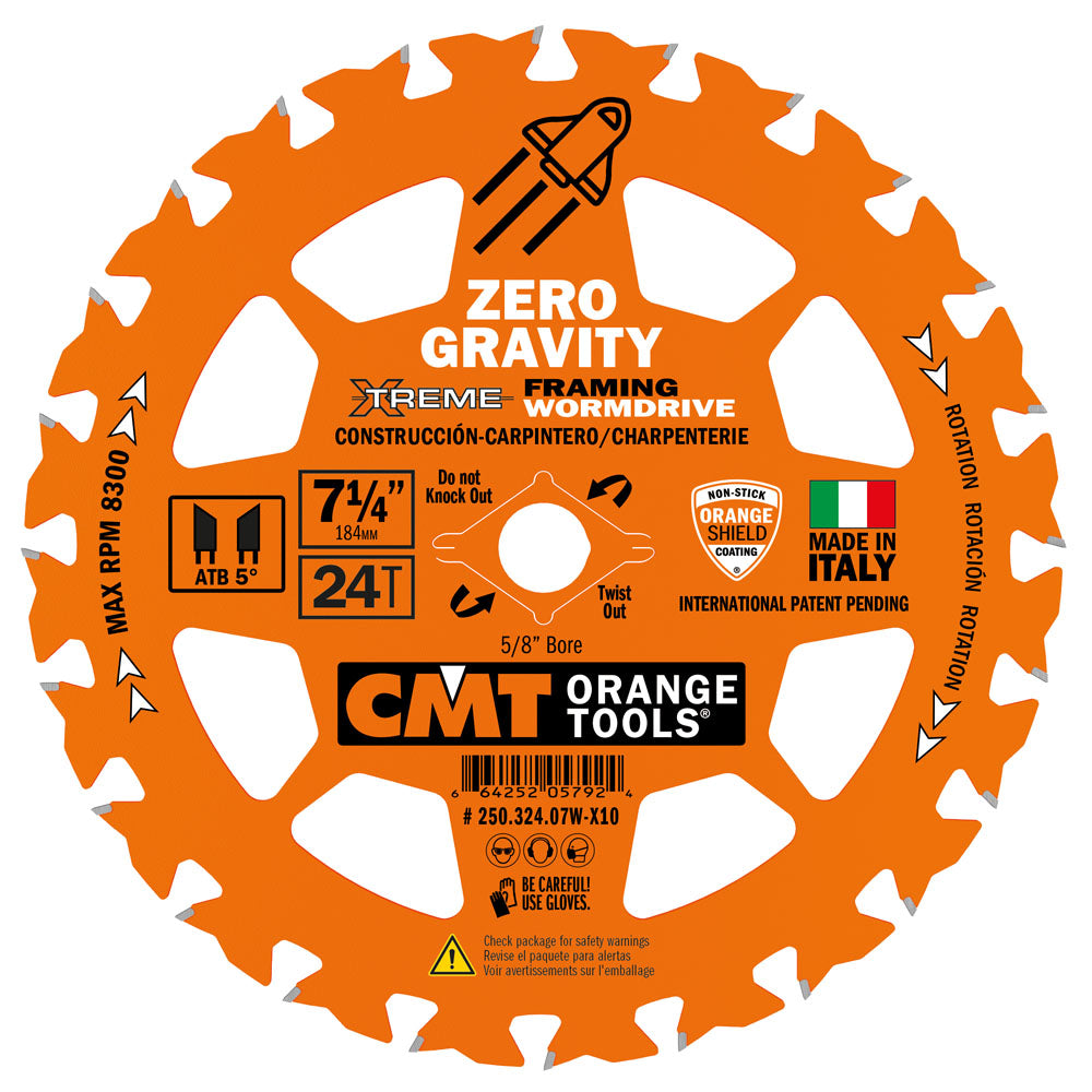 CMT 250.324.07W-X10 SAW BLADE ITK TCT 7-1/4inX24ATB BORE-5/8<>inch WD (BULK)