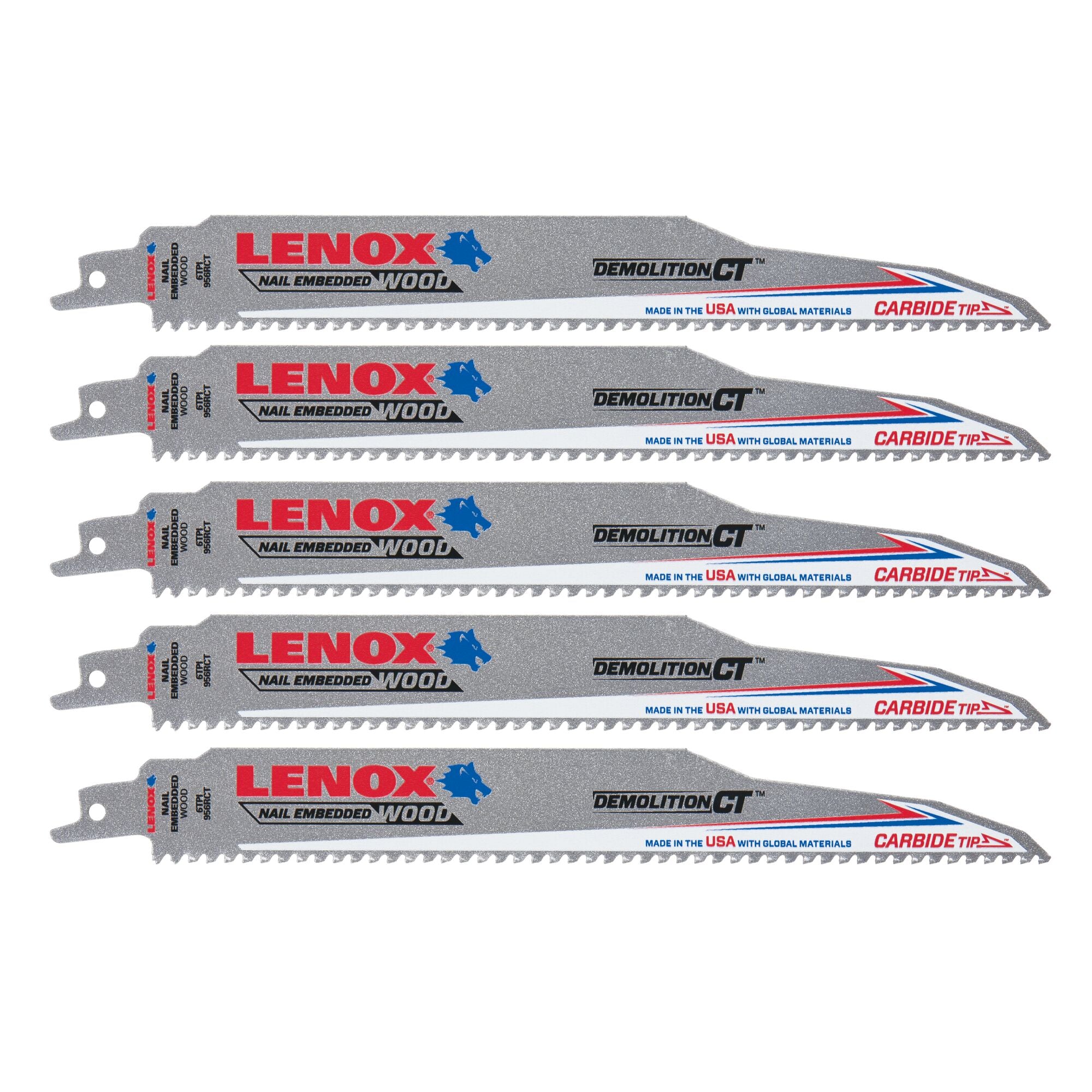 Lenox 1832144 9" x 1" x .050" 6 TPI Carbide Tipped Reciprocating Saw Blades, 5-Pack - image 1