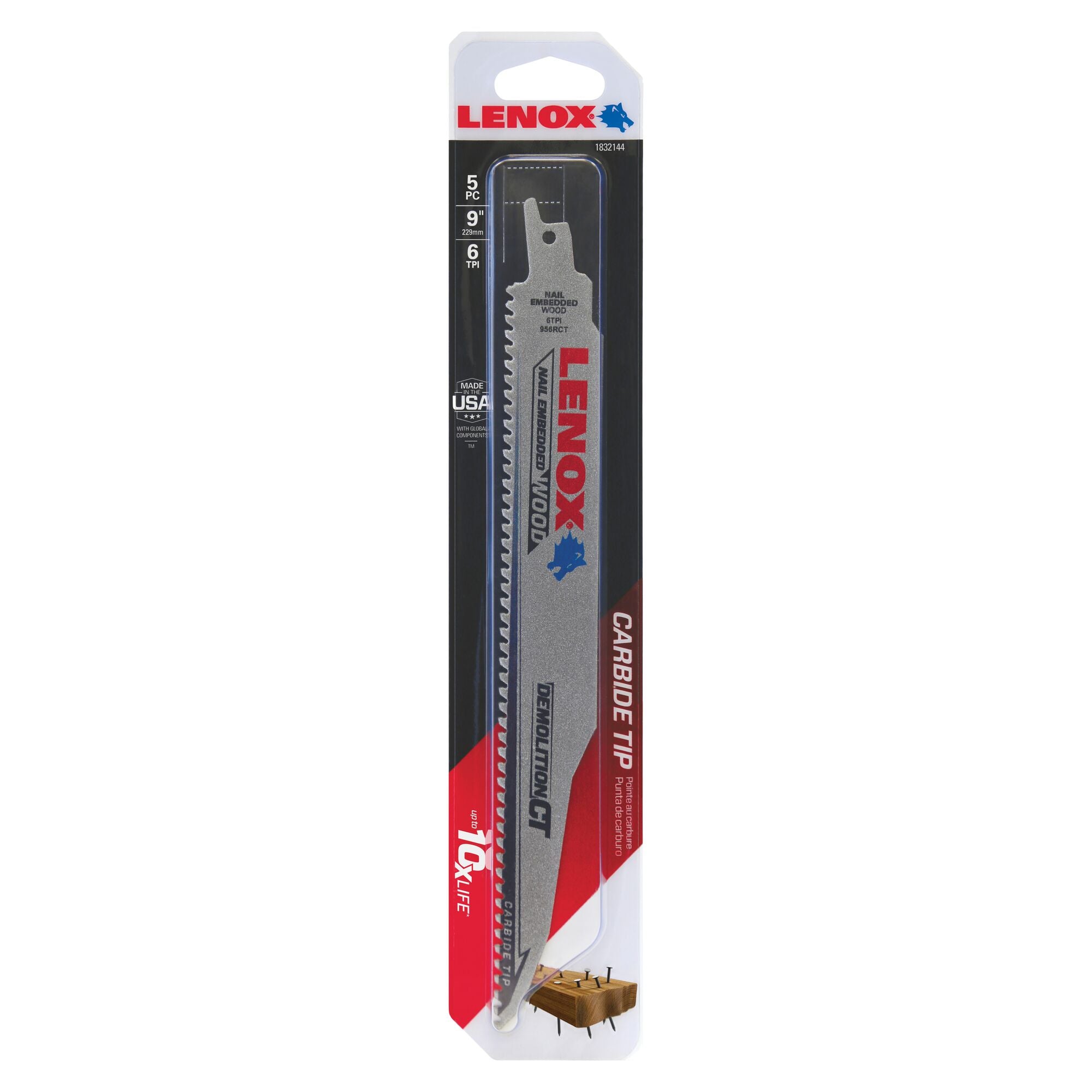Lenox 1832144 9" x 1" x .050" 6 TPI Carbide Tipped Reciprocating Saw Blades, 5-Pack - image 3