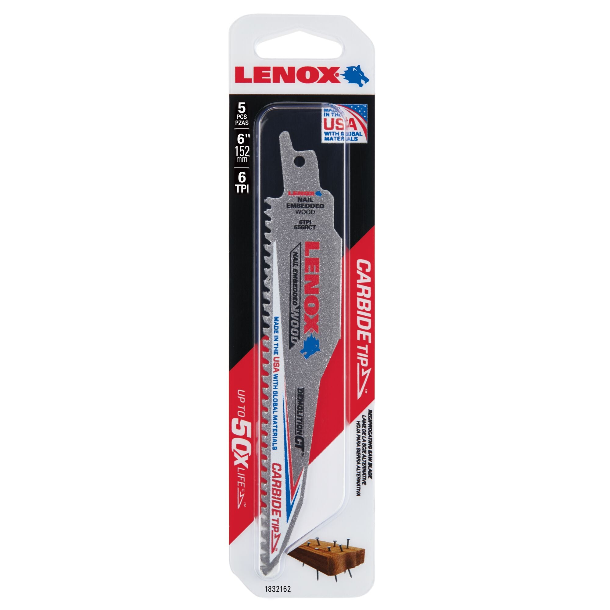 Lenox 1832162 6" x 1" x .050" 6 TPI Carbide Tipped Reciprocating Saw Blades, 5-Pack - image 2