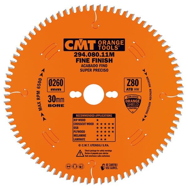 CMT 294.080.11M ULTRA FINISH - PLYWOOD & MELAMINE 260x0.098”/0.071”x30mm  T=80 ATB