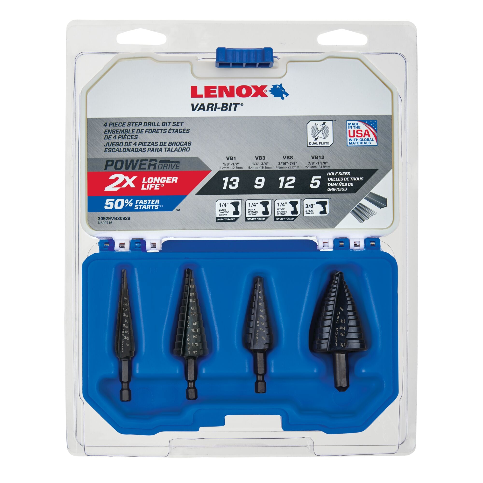 Lenox 30929VB30929 Vari-Bit Step Drill Bit Kit, 4 Sizes 1/8" to 1-3/8" - image 2