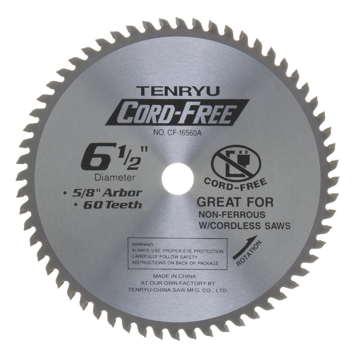 Tenryu CF-16560A: 6-1/2" x 60 Tooth Cord-Free Non-Ferrous Cutting Blade