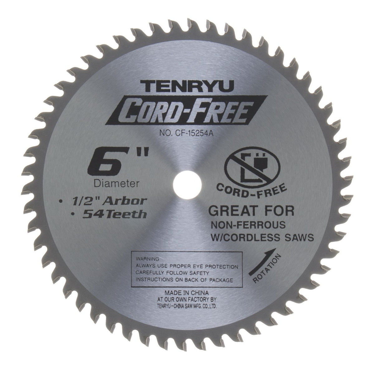 Tenryu CF-15254A: 6" x 54 Tooth Cord-Free Non-Ferrous Cutting Blade