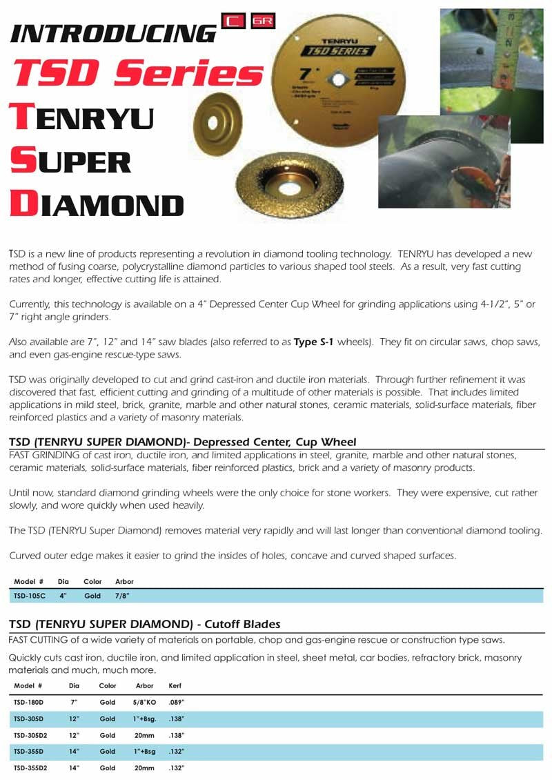 Tenryu TSD-305D2: 12" Diamond Abrasive Cut-Off Blade for Cast Iron & FRP