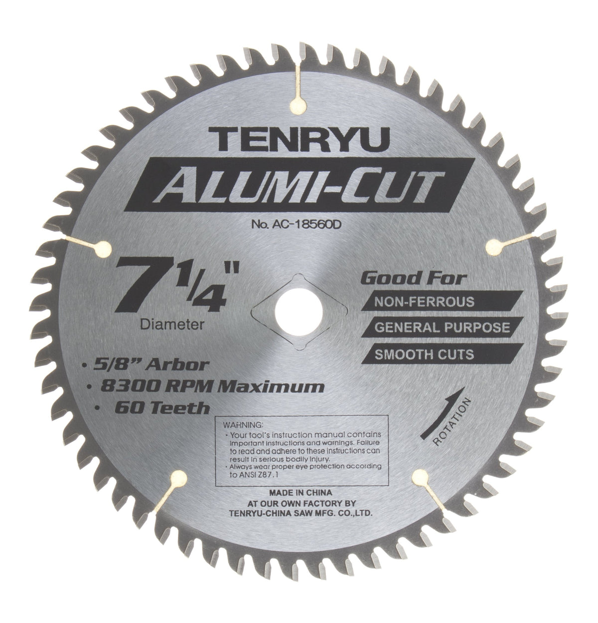 Tenryu AC-18560D: 7-1/4" x 60 Tooth Alumi-Cut Non-Ferrous Cutting Blade