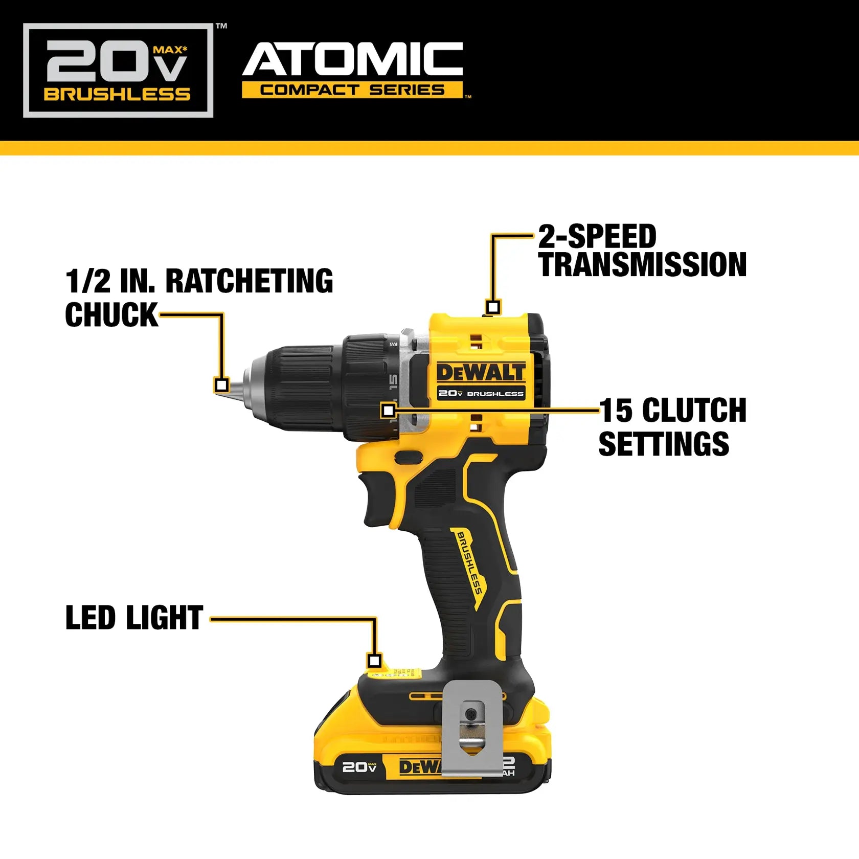DeWalt DCD794D1 20V MAX ATOMIC Brushless Cordless 1/2-in Drill/Driver with (1) 2.0Ah Battery - image 4