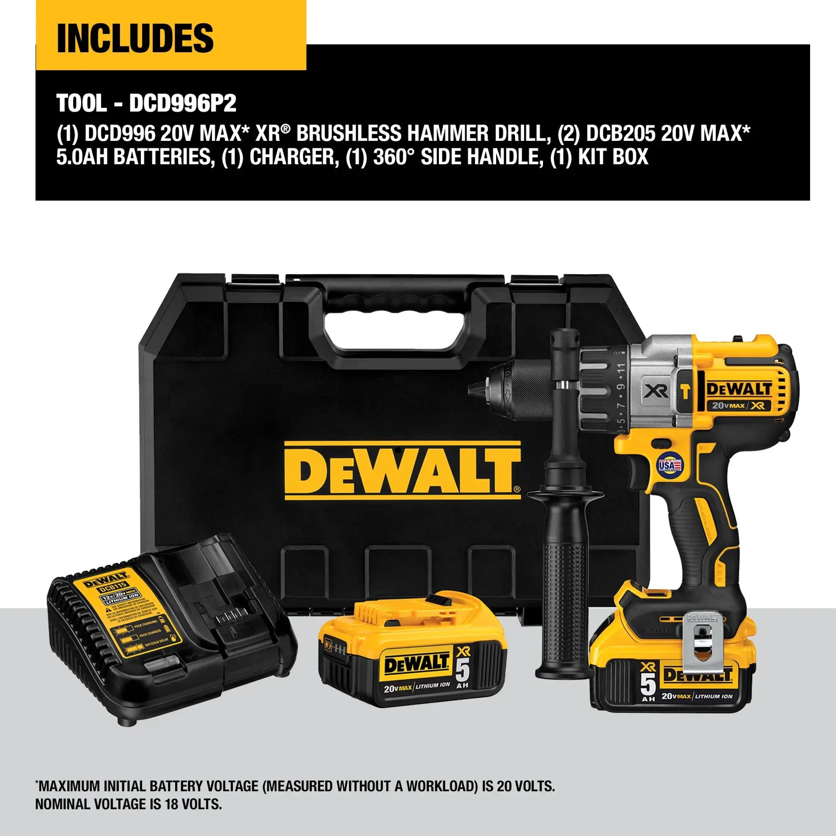 DeWalt DCD996P2 20V MAX XR 1/2-in 3-Speed Brushless Hammer Drill/Driver Kit - image 4