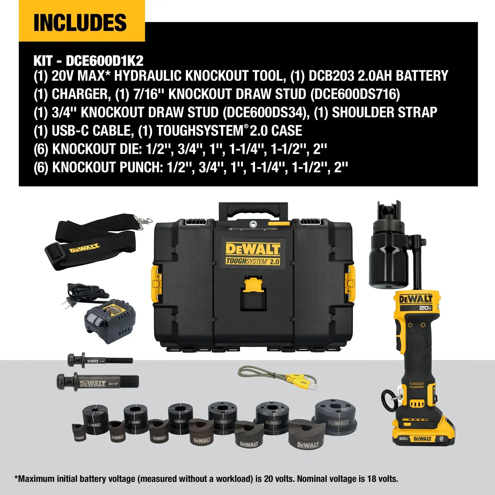 DeWalt DCE600D1K2 20V MAX Hydraulic Knockout Tool Kit With 1/2 in. - 2 in. Punch and Dies - image 2