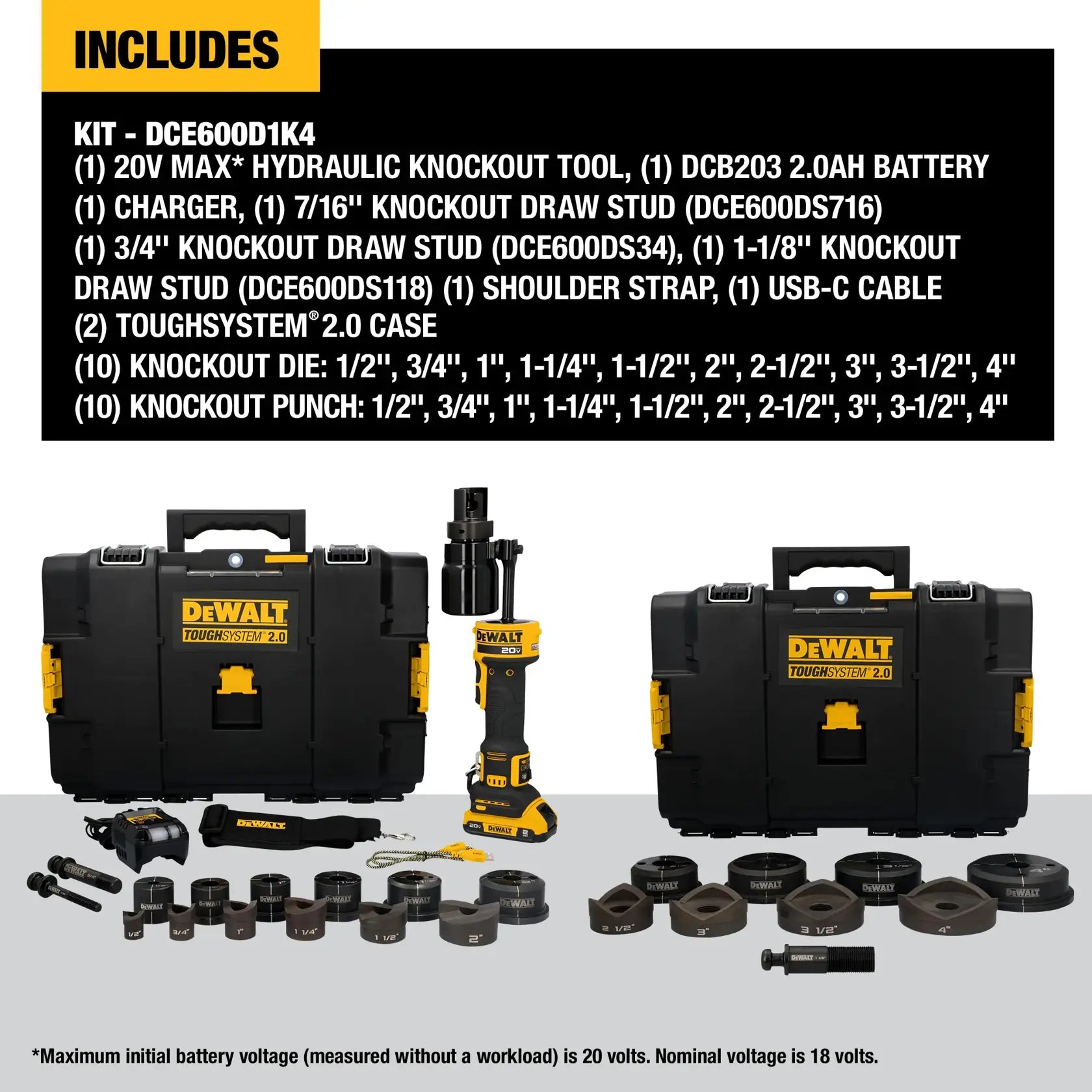 DeWalt DCE600D1K4 20V MAX Hydraulic Knockout Tool Kit With 1/2 in. - 4 in. Punches and Dies - image 2