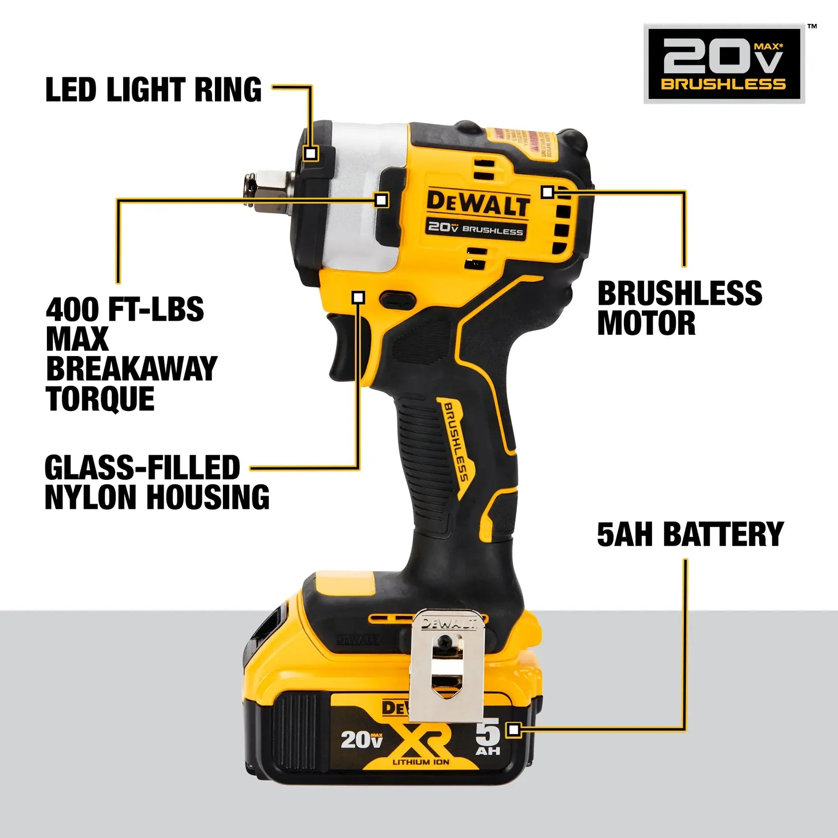 DeWalt DCF911P2 20V MAX 1/2-in Cordless Impact Wrench with Hog Ring Anvil with (2) 5Ah Batteries - image 5