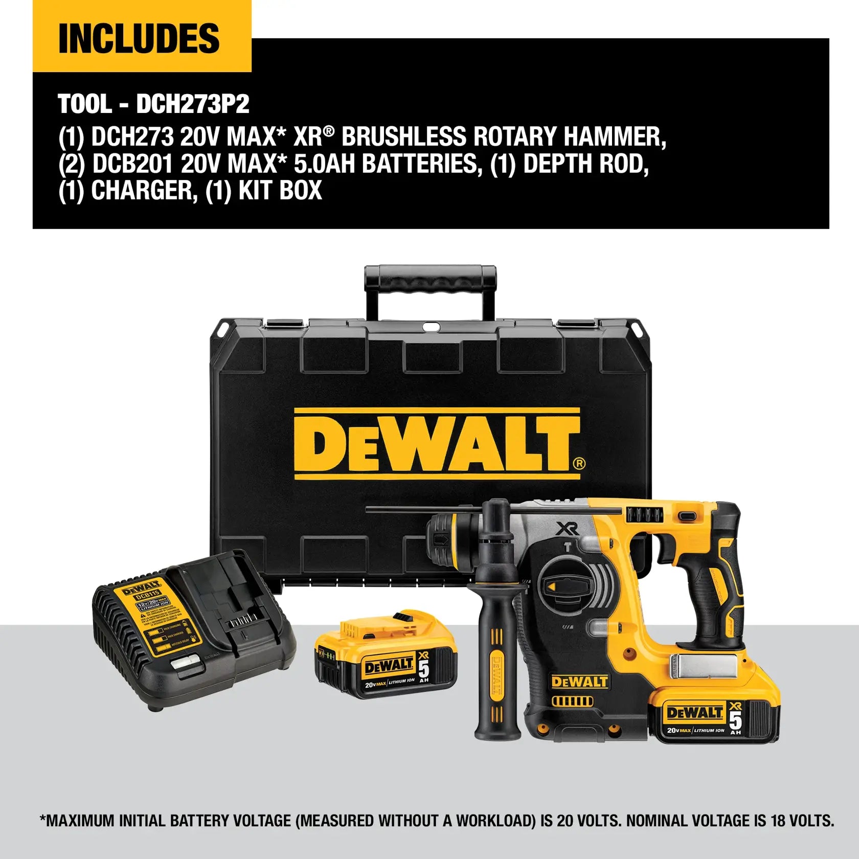 DeWalt DCH273P2 20V MAX XR 1-in Brushless SDS PLUS L-Shape Rotary Hammer Kit - image 2