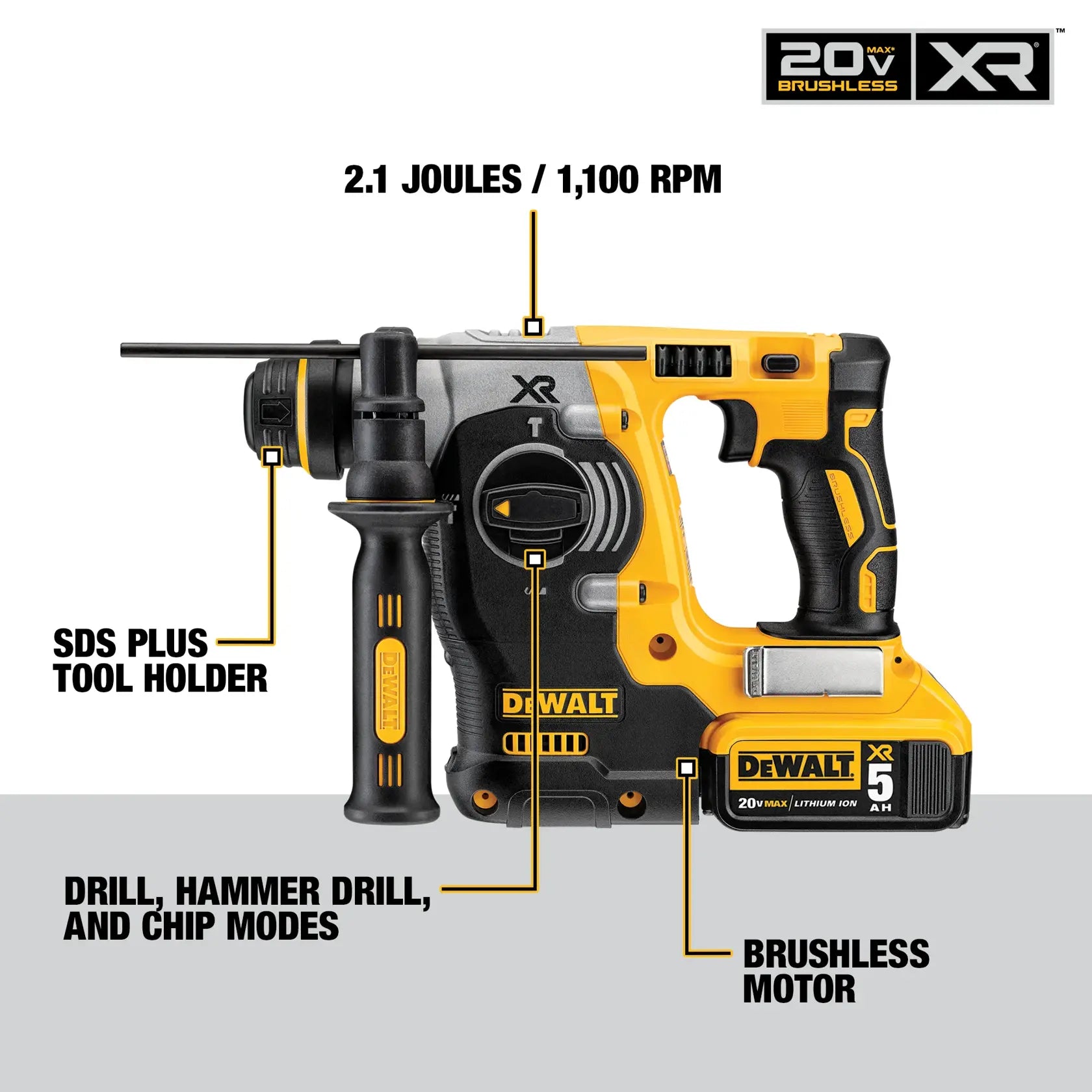 DeWalt DCH273P2 20V MAX XR 1-in Brushless SDS PLUS L-Shape Rotary Hammer Kit - image 3