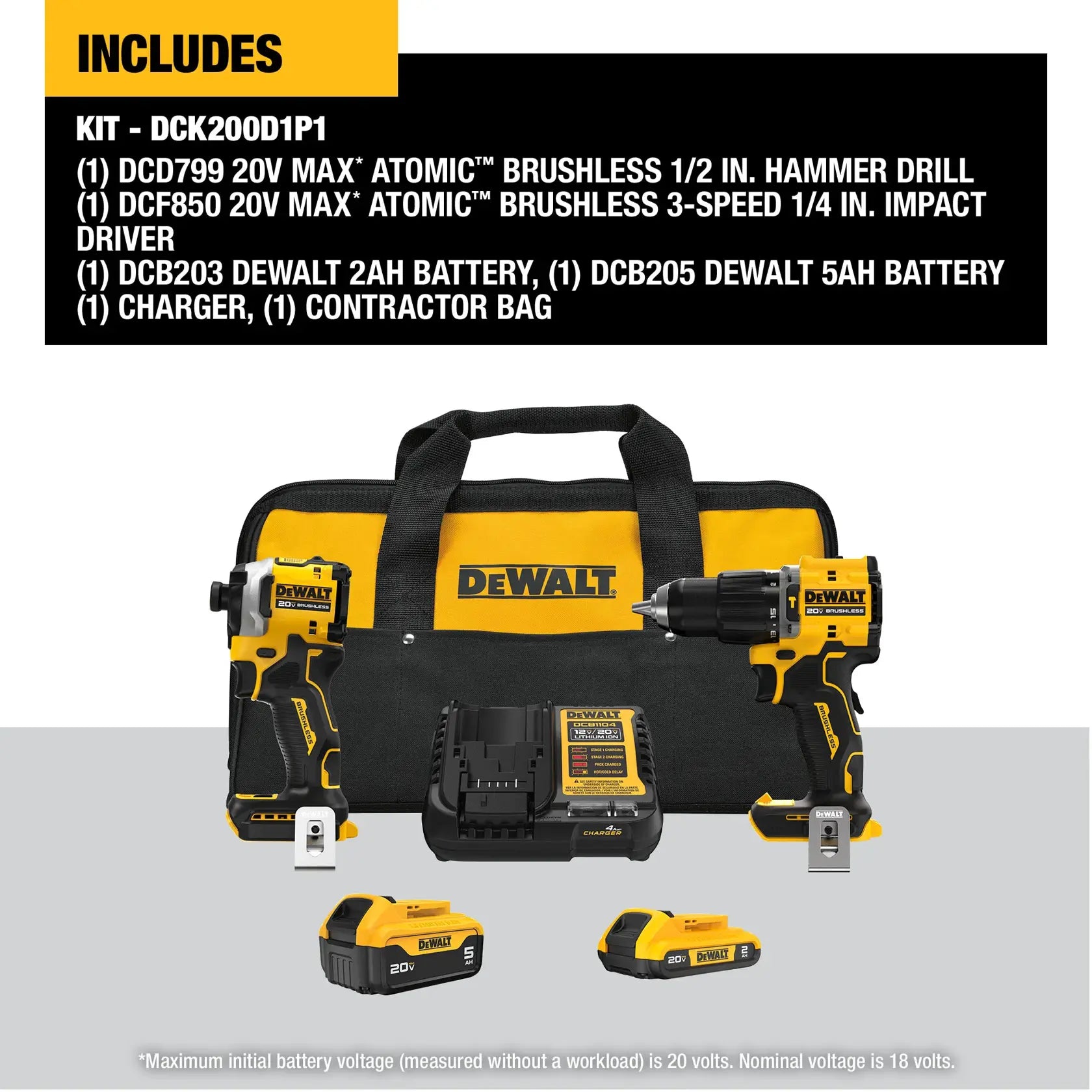 DeWalt DCK200D1P1 ATOMIC 20V MAX Lithium-Ion Cordless 2-Tool Combo Kit with 5.0 Ah and 2.0 Ah Batteries, Charger and Kit Bag - image 1