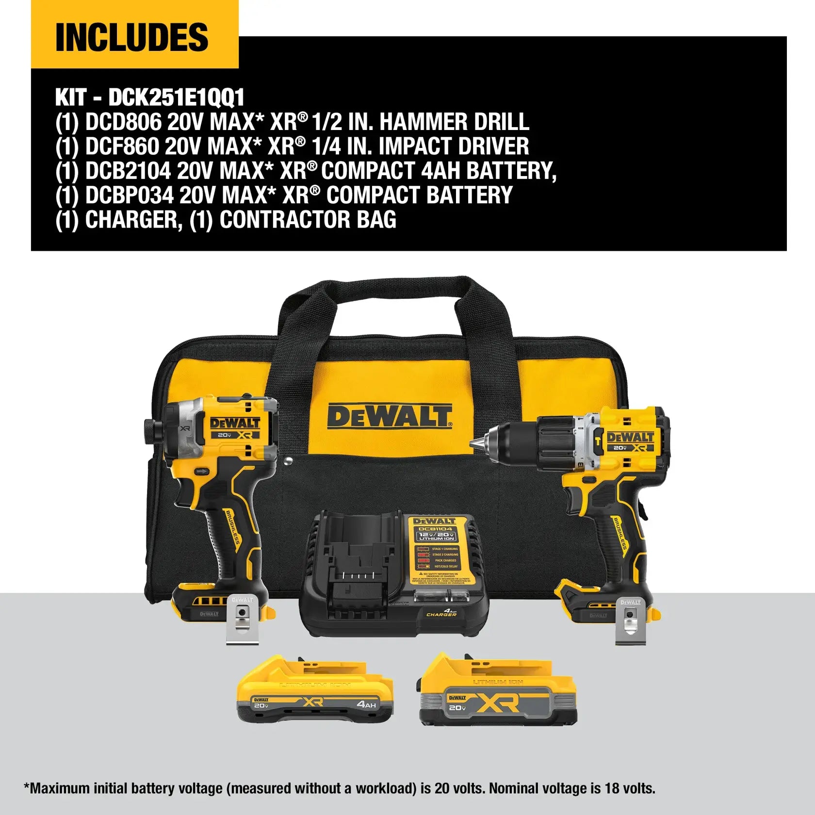 DeWalt DCK251E1QQ1 20V XR Lithium-Ion Cordless 2-Tool Combo Kit with 4.0 Ah and 1.7 Ah Batteries and Charger - image 2