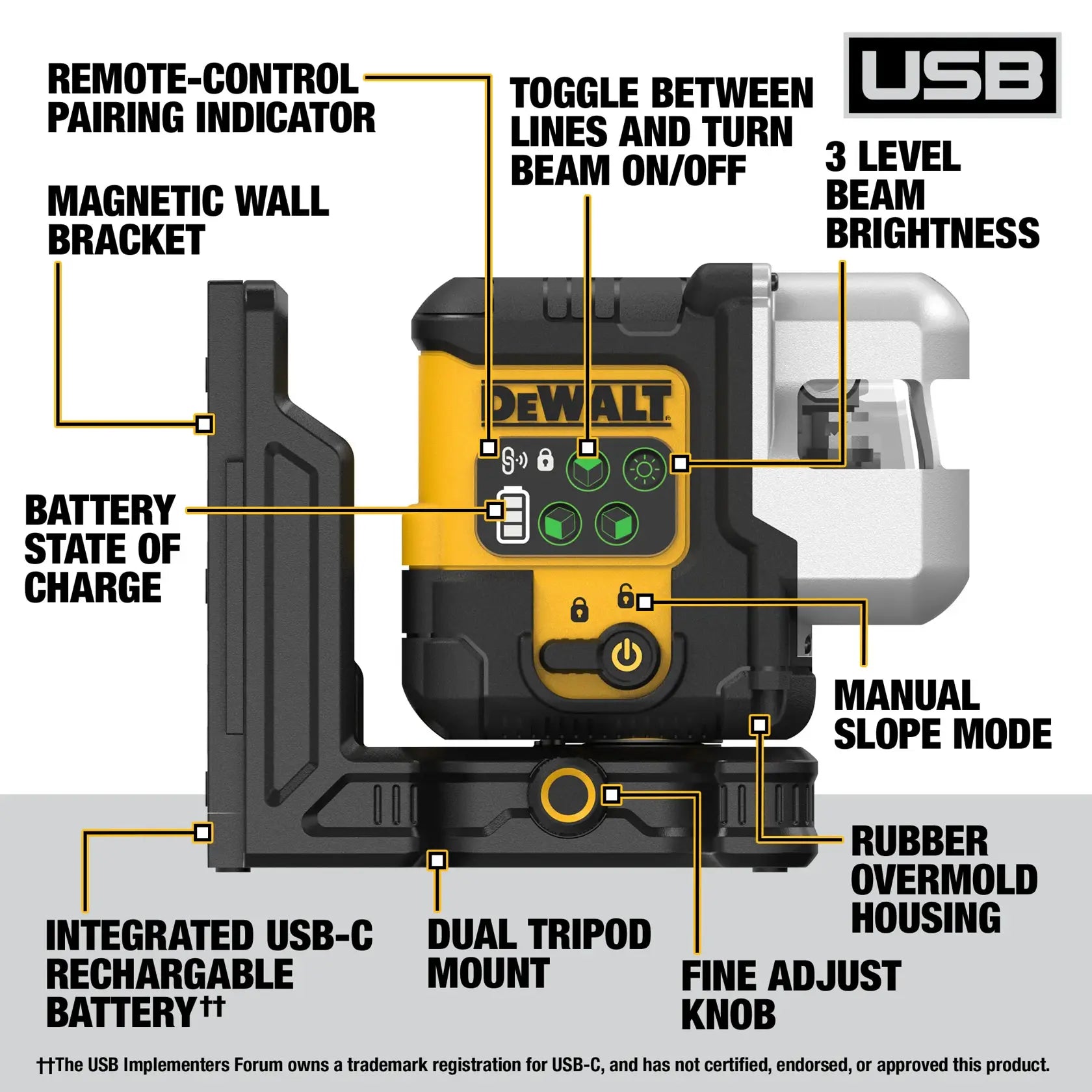 DeWalt DCLE14301GB 3X180° USB Rechargeable Green Line Laser Base Kit - image 2