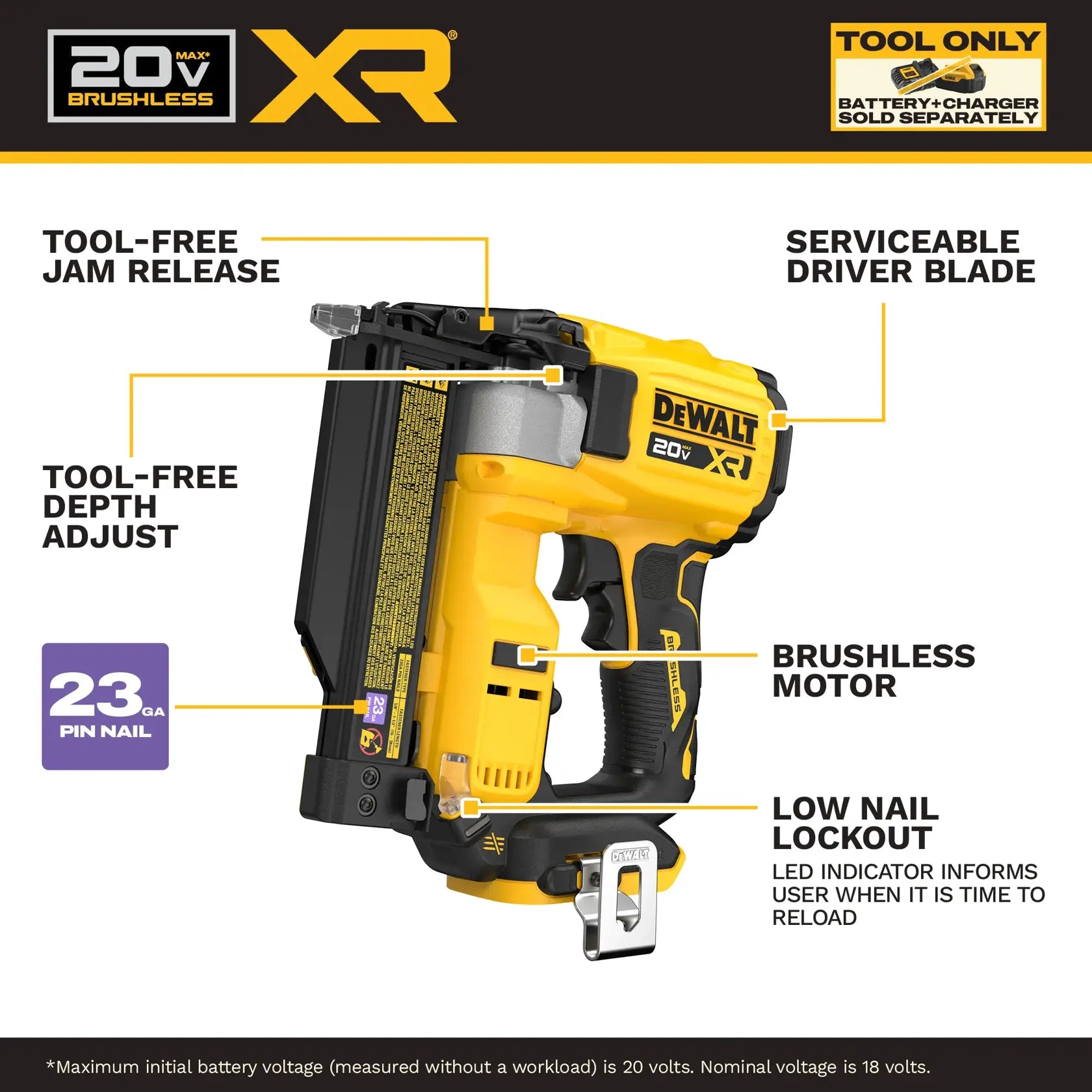 DeWalt DCN623B 20V MAX XR(R) Brushless Cordless 23ga Pin Nailer (Tool Only) - image 5