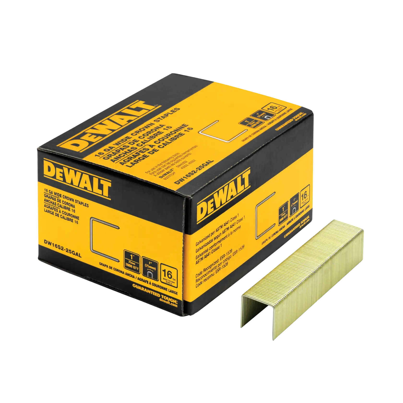 DeWalt DW16S2-25GAL 16GA 1" Leg x 1" Crown Galvanized Construction Staples, 2,000-Pack - image 1