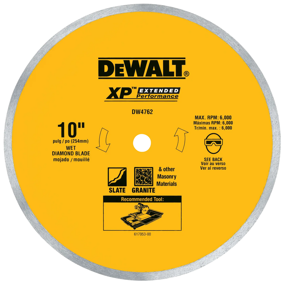 DeWalt DW4762 10" Wet-Cut Continuous-Rim Diamond Blade for Porcelain and Tile, 5/8" Arbor - image 1