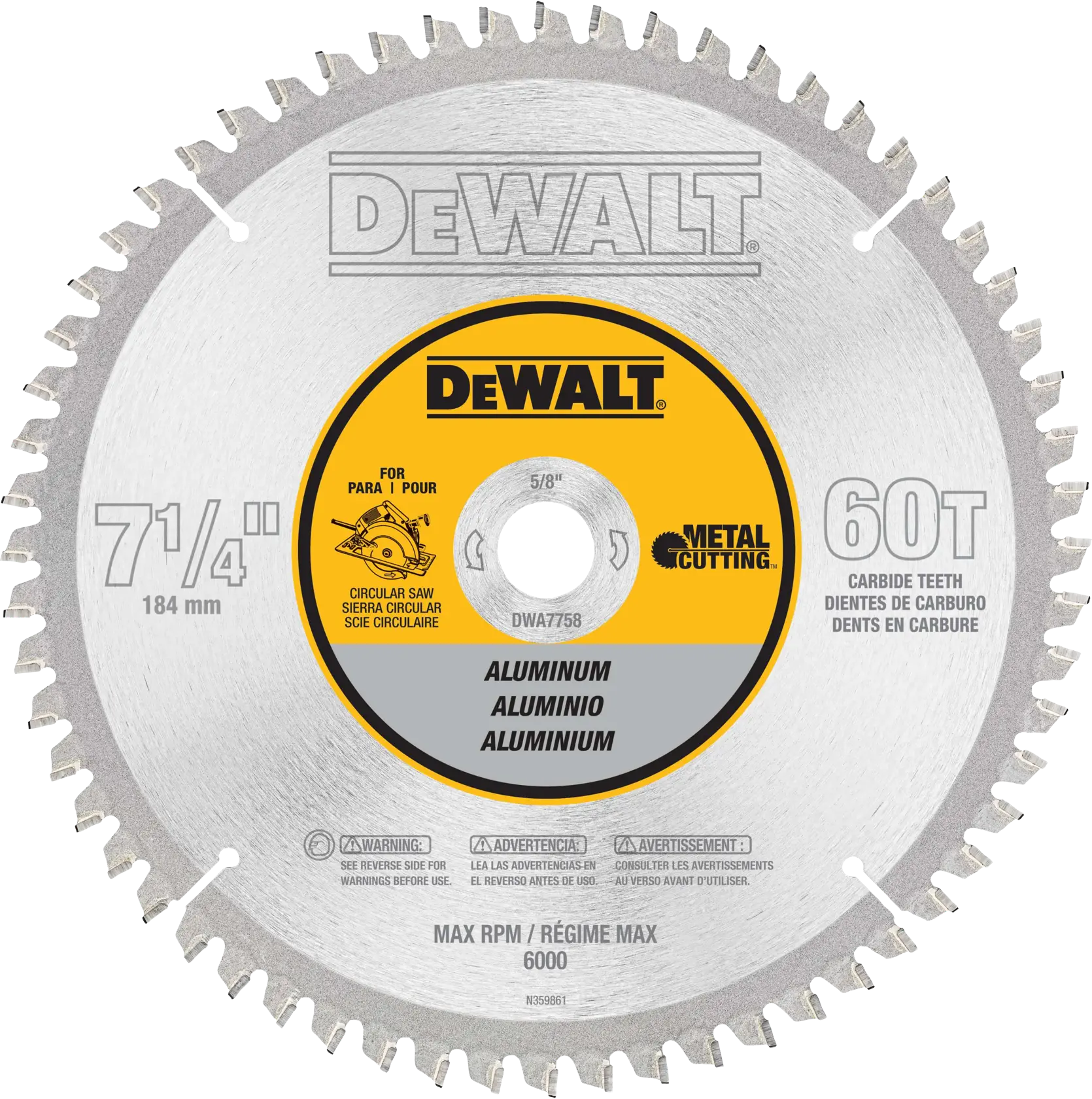 DeWalt DWA7758 7-1/4" (184mm) 60T Aluminum Cutting Circular Saw Blade - image 1