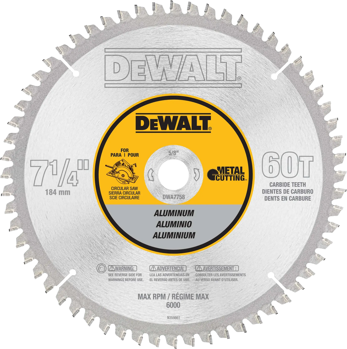 DeWalt DWA7758 7-1/4" (184mm) 60T Aluminum Cutting Circular Saw Blade - image 1
