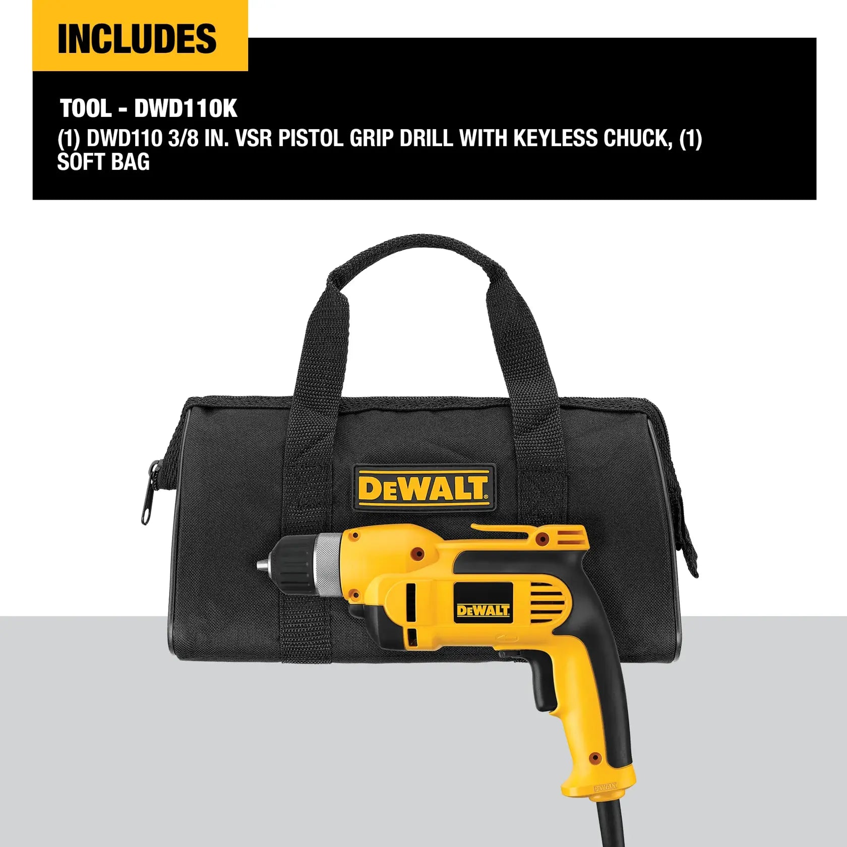 DeWalt DWD110K 3/8-in (10mm) VSR Pistol Grip Drill With Keyless Chuck Kit - image 2