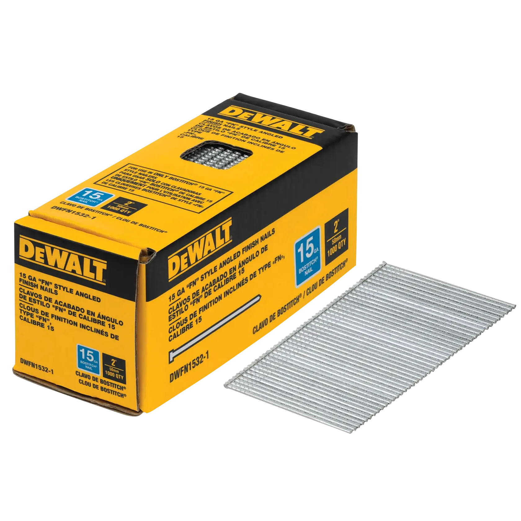 DeWalt DWFN1532-1 15GA 2" 22.5° FN-Style Bright Finish Nails, 1,000-Pack - image 1