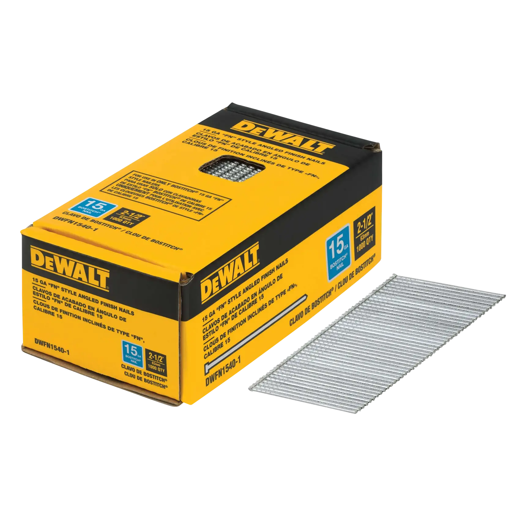 DeWalt DWFN1540-1 15GA 2-1/2" 22.5° FN-Style Bright Finish Nails, 1,000-Pack - image 1