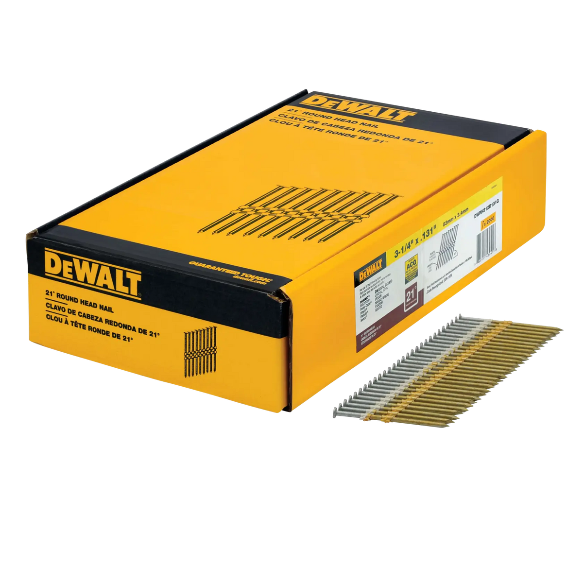 DeWalt DWRHS12D131G 3-1/4" x .131" Smooth Galvanized 21° Plastic-Collated Framing Nails, 2,000-Pack - image 1