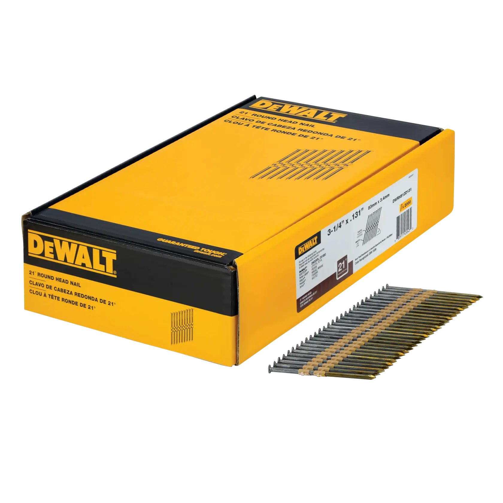 DeWalt DWRHS12D131 3-1/4" x .131" Smooth Bright 21° Plastic-Collated Framing Nails, 2,000-Pack - image 1