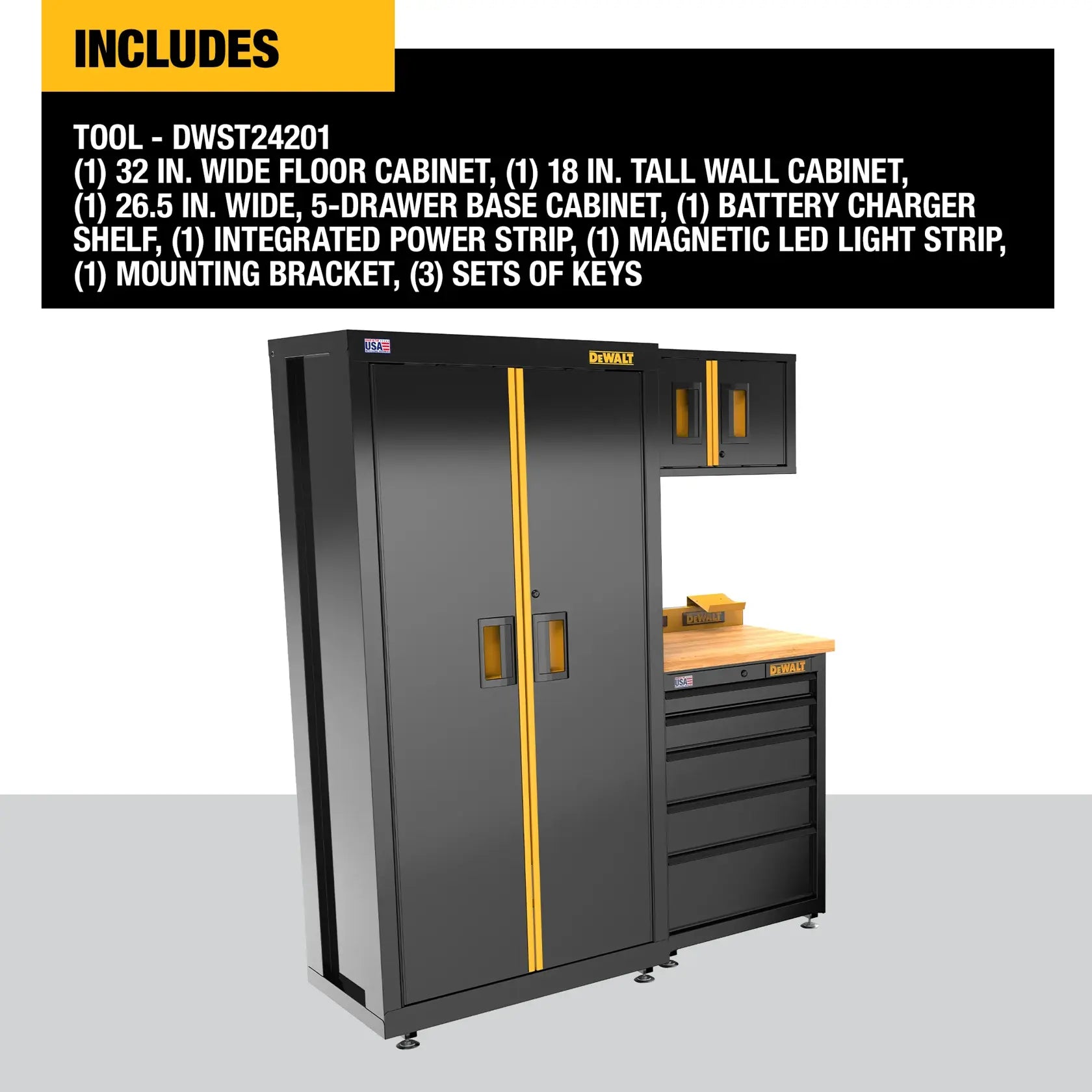 DeWalt DWST24201 63 in. Wide, 4 Piece Welded Storage Suite with 5-Drawer Base Cabinet and Wood Top - image 4