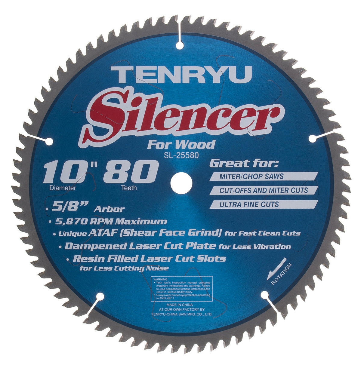 Tenryu SL-25580C: 10" x 80 Tooth Coated Silencer Miter Saw Blade