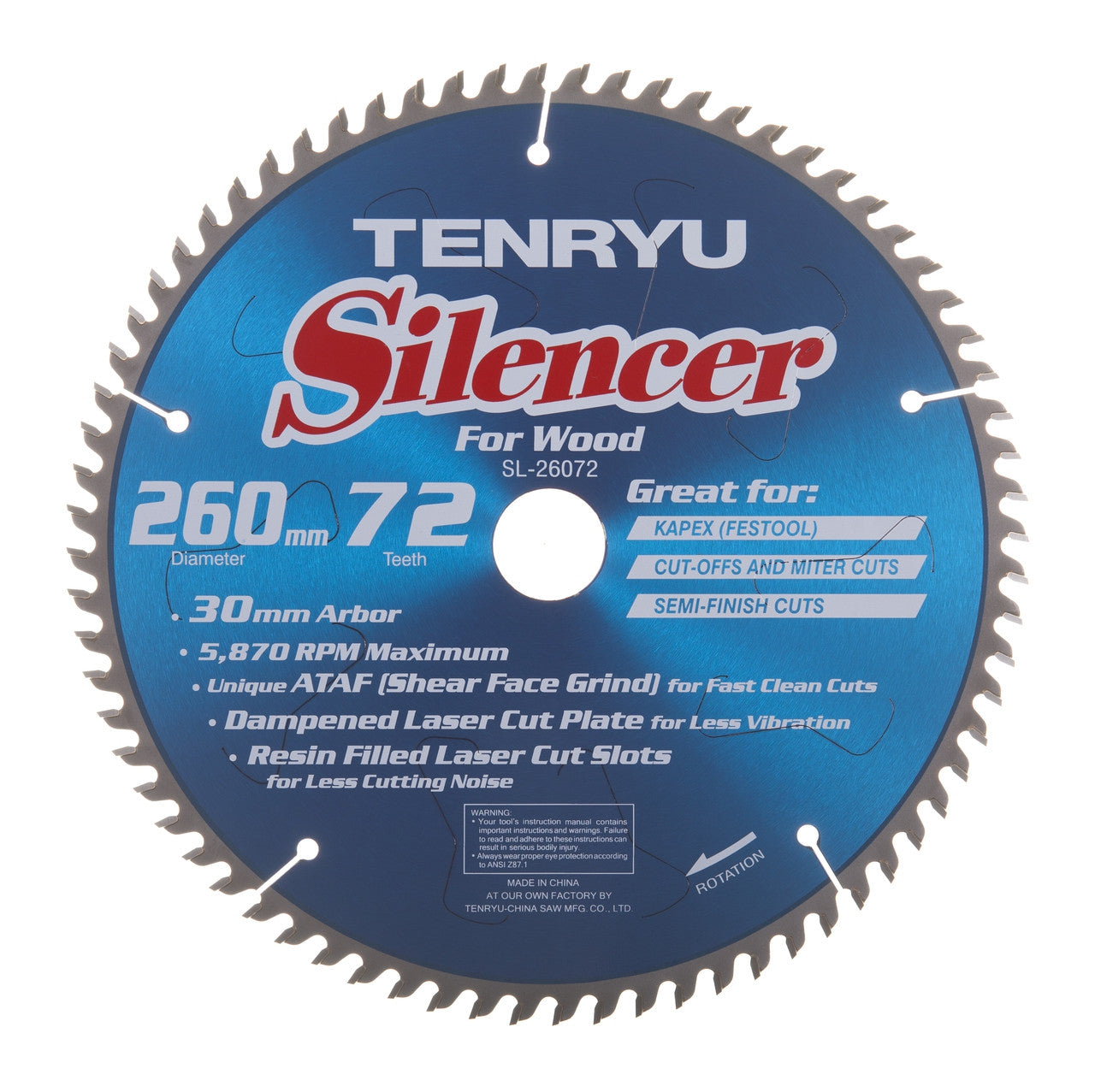 Tenryu SL-26072: 260mm x 72 Tooth Silencer Saw Blade