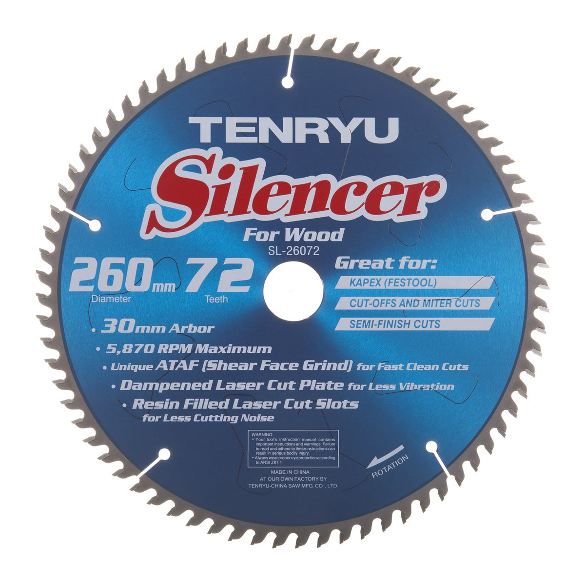 Tenryu SL-26072: 260mm x 72 Tooth Silencer Saw Blade