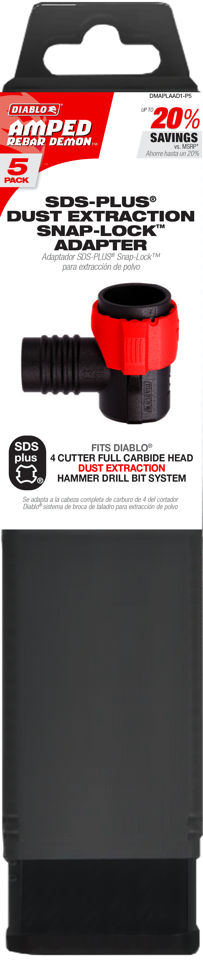 Diablo DMAPLAAD1-P5 AMPED™ Rebar Demon™ SDS-Plus Snap-Lock™ Adapter (5 Pack)