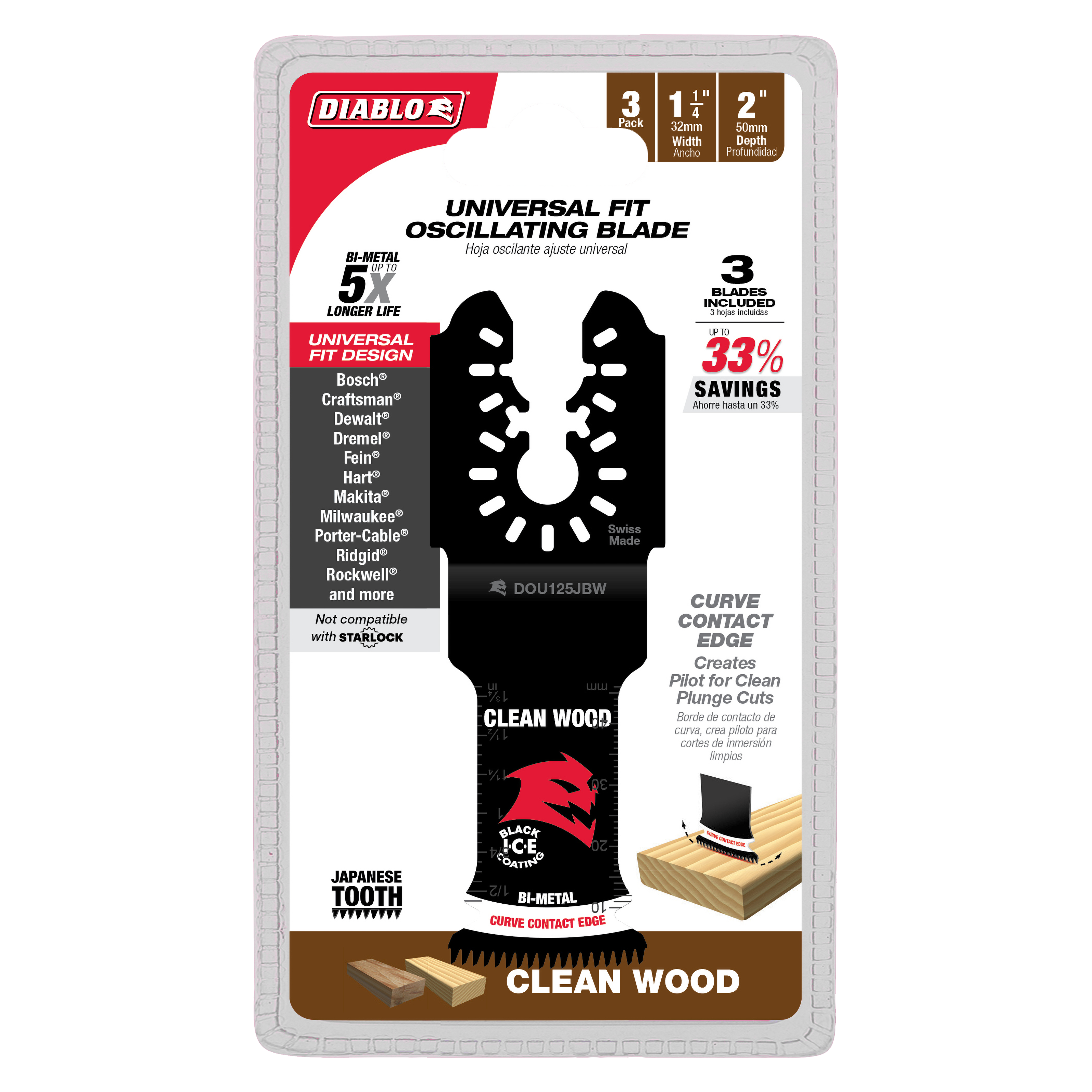 Diablo DOU125JBW3 1-1/4" Demo Demon™ Universal Fit Bi-Metal Oscillating Blades for Clean Wood (3-Pack)