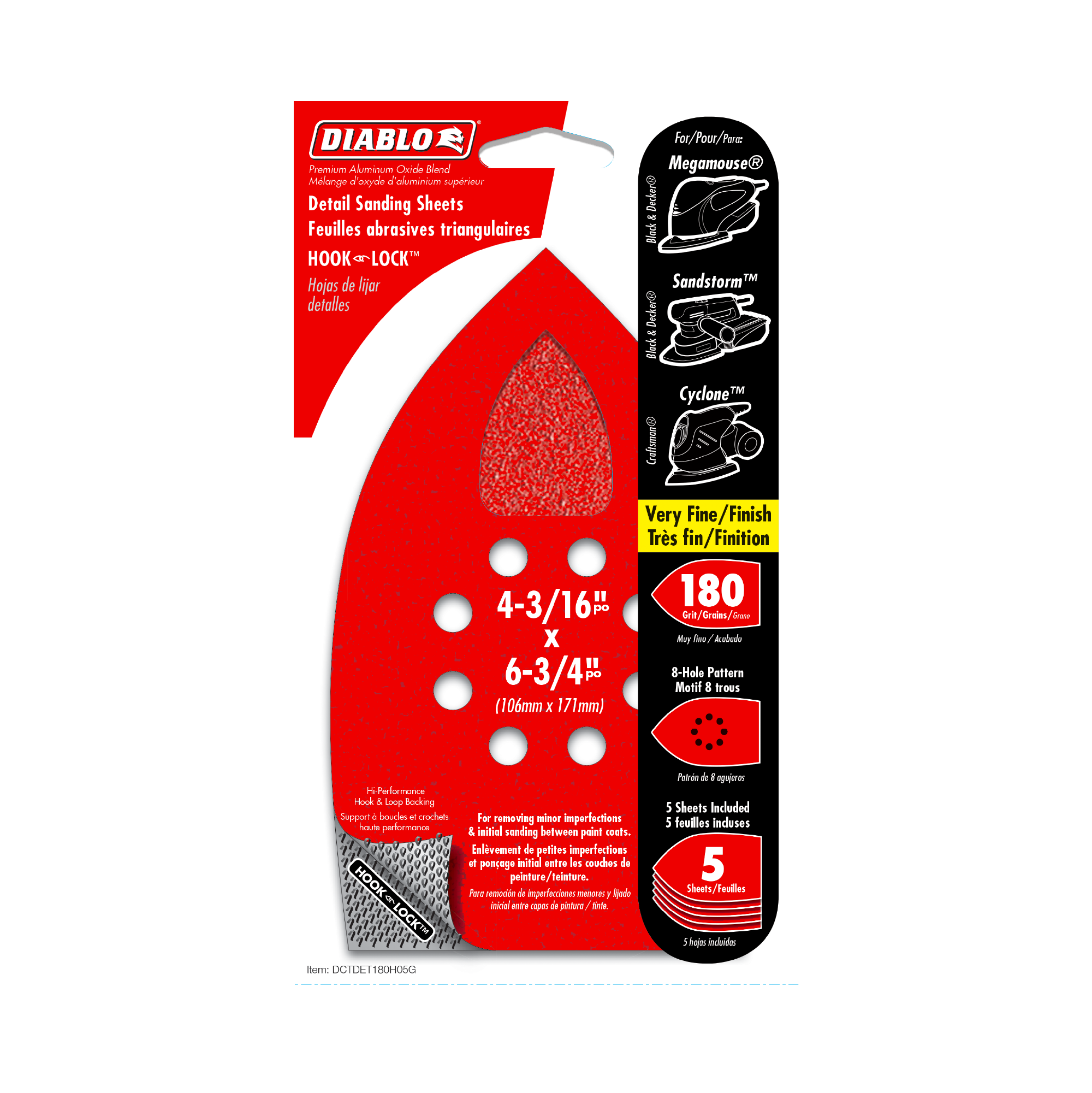 Diablo DCTDET180H05G 4-3/16" x 6-3/4" 180-Grit Hook & Lock™ MegaMouse Detail Sanding Sheets (5-Pack)