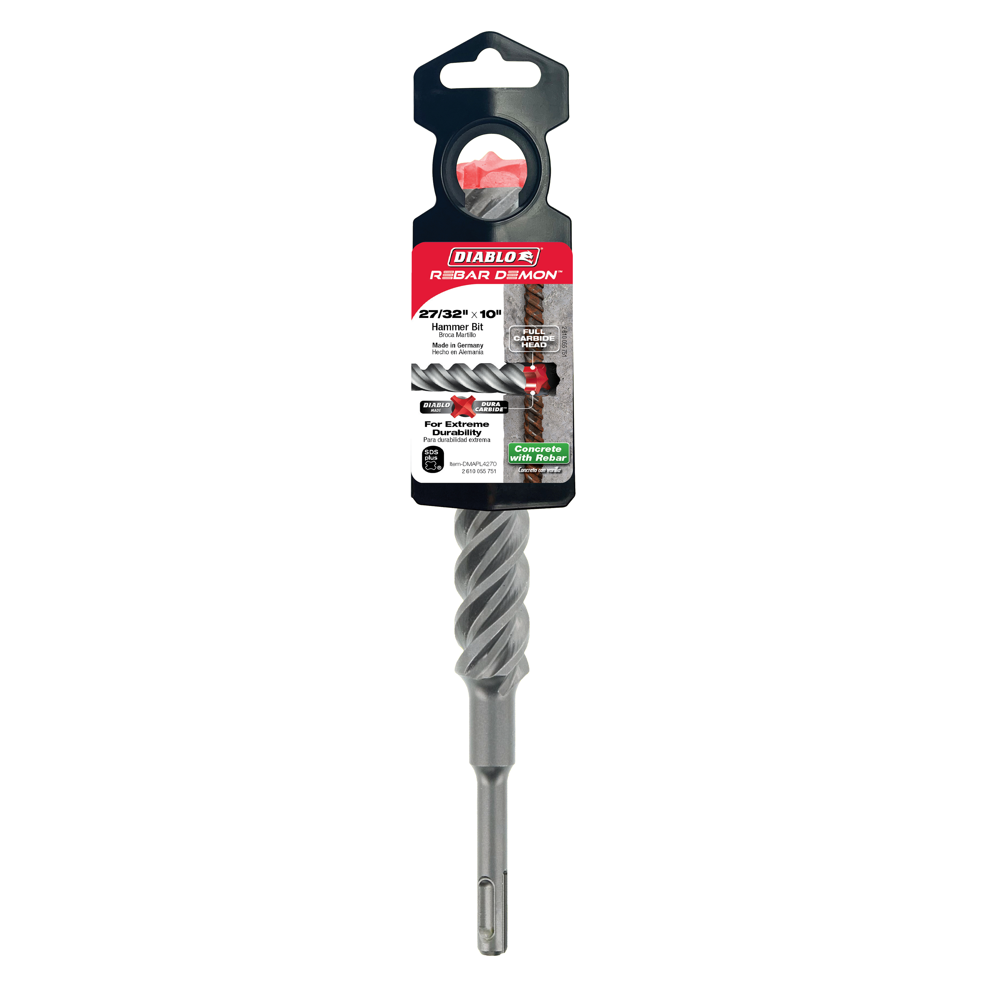 Diablo DMAPL4270 27/32" x 8" x 10" Rebar Demon™ SDS-Plus 4-Cutter Full Carbide Head Hammer Drill Bit