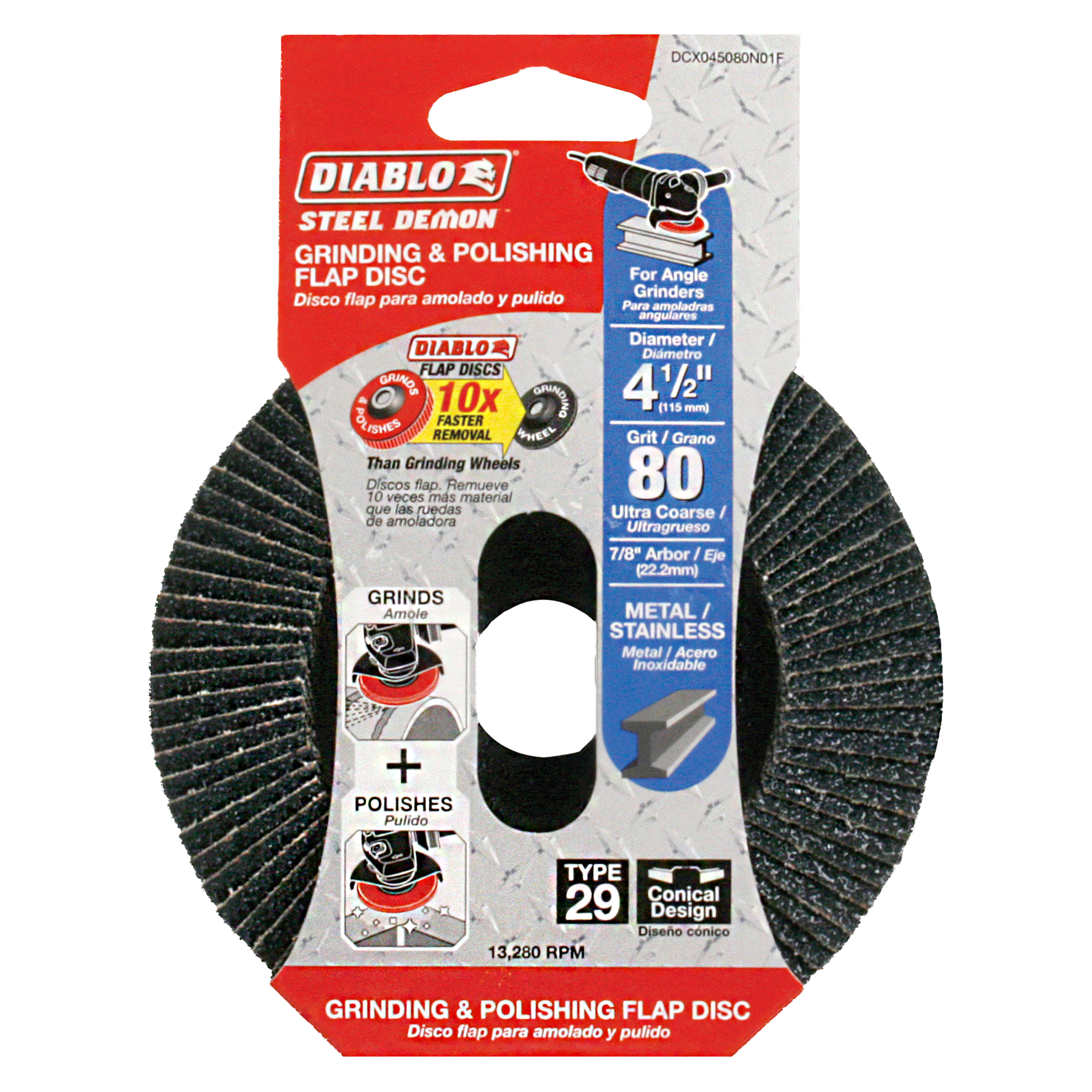 Diablo DCX045080N01F 4-1/2" 80-Grit Type 29 Steel Demon™ Flap Disc for Metal