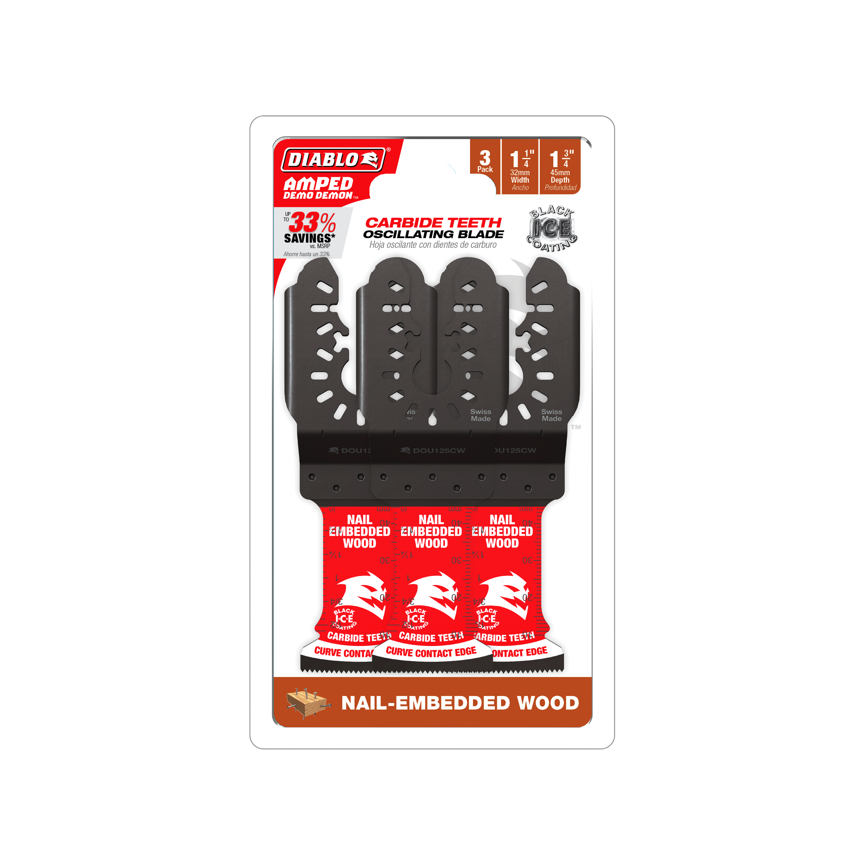 Diablo DOU125CW3 1-1/4" AMPED™ Demo Demon™ Carbide Teeth Oscillating Blades for Nail-Embedded Wood (3-Pack)