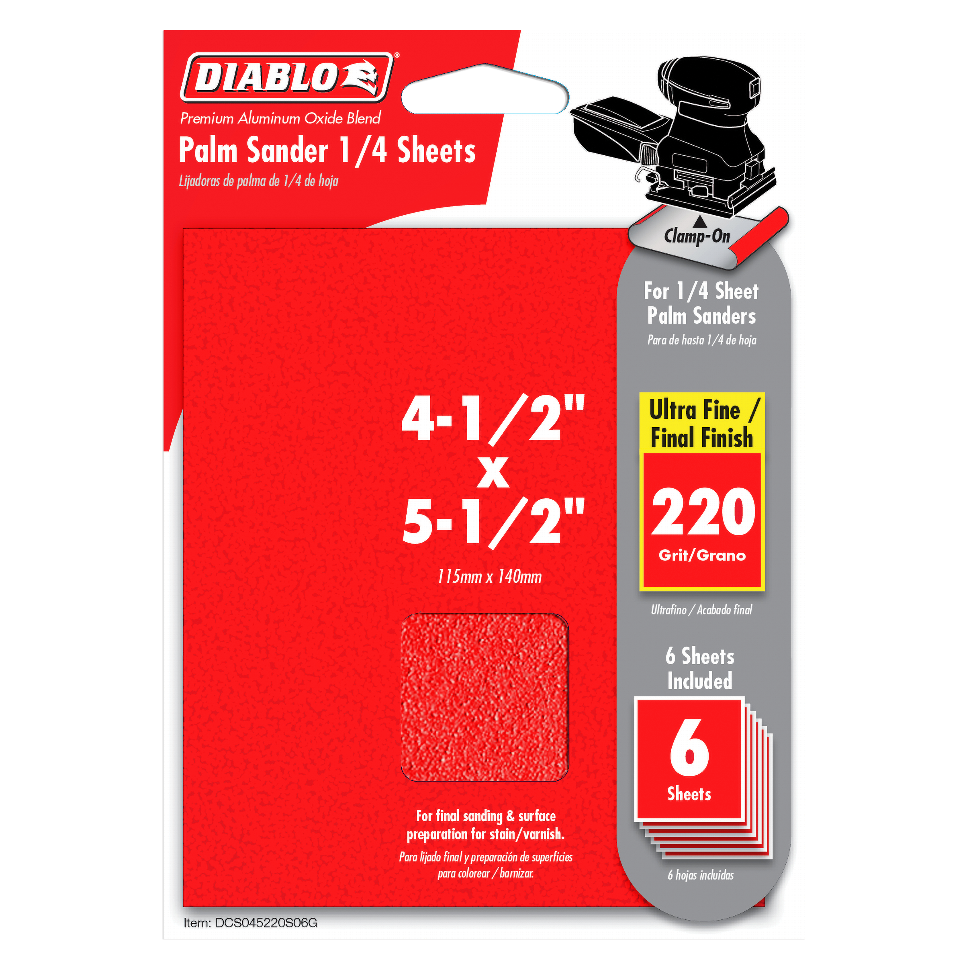 Diablo DCS045220S06G 4-1/2" x 5-1/2" 220-Grit Palm Sander 1/4 Sanding Sheets (6-Pack)